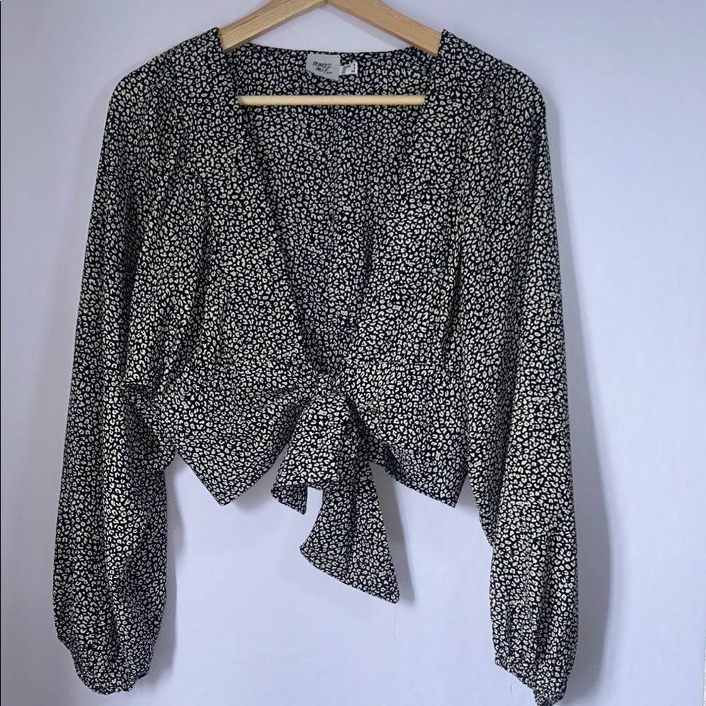 Princess Polly Black Tan Print Top Long Sleeve Wrap Splice Size 4 Blouse